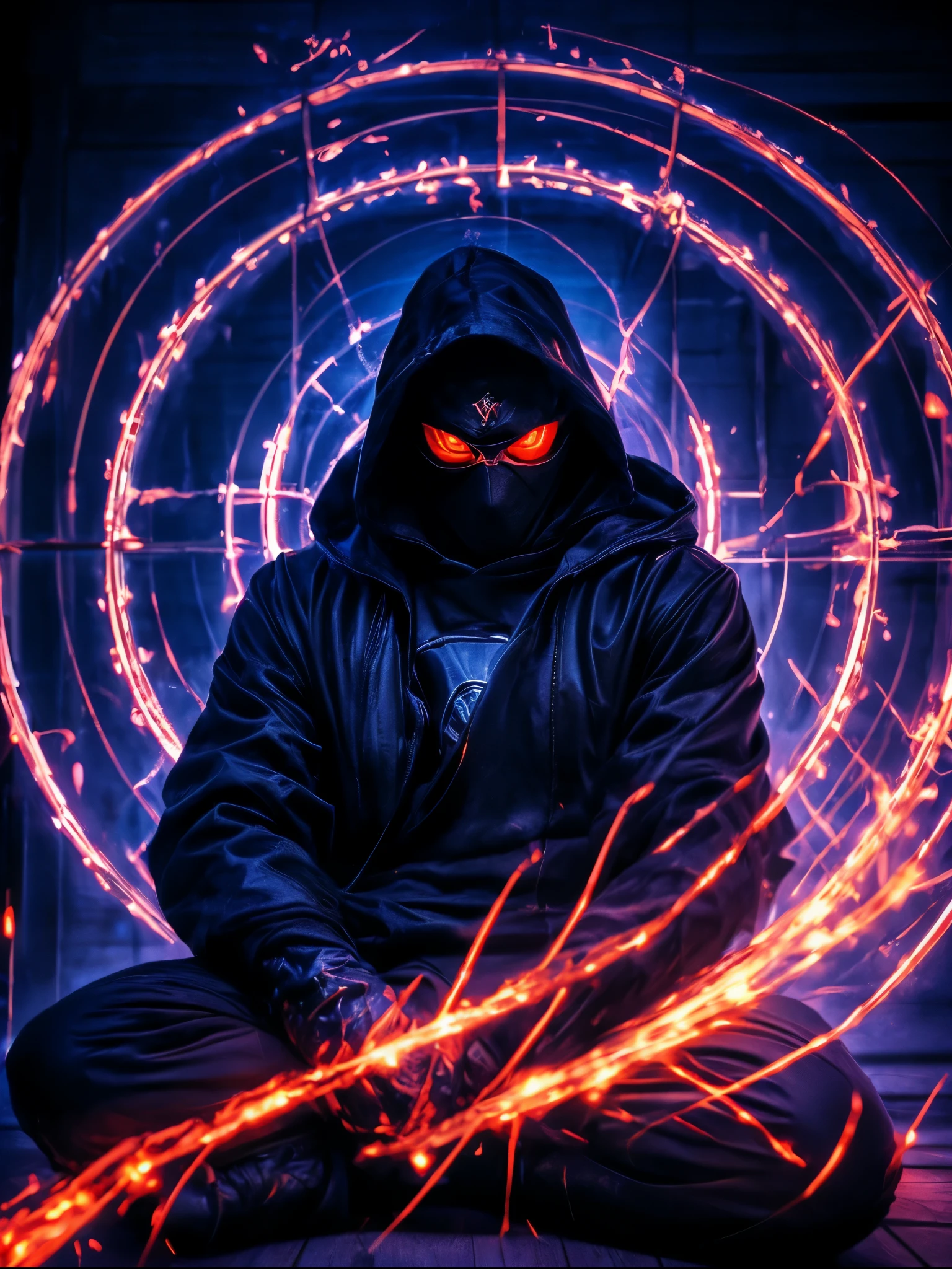 A shadowy character wearing a dark hooded jacket and a face covered by a glowing mask with a terrifying pattern of red eyes and a sinister smile in the form of glowing white stitching.. He is sitting in a relaxed manner in front of a metal fence, with a carefree but intimidating posture. The background is dark with a blue night sky, and the lighting dramatically highlights the shine of his eyes and mouth, while little red sparks float in the air, adding a tense and urban atmosphere. The style is dark and aggressive, with a cyberpunk and vigilante aesthetic, conveying a sense of latent danger.