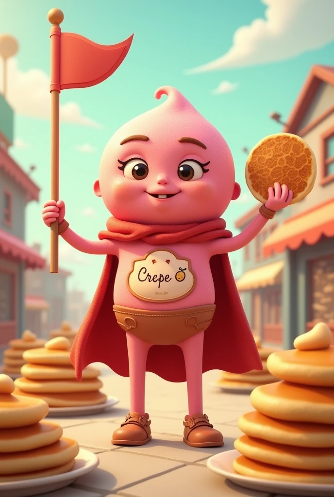 hero realistic 
hero of crepe 
in pink
for business “crepe cafe”
cartoon, human crepe is an important part pancakes should be everywhere the hero should save pancakes the human is a hero 