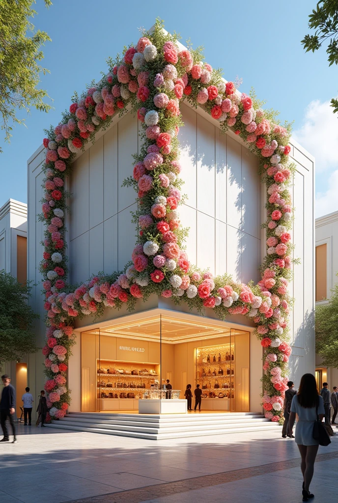 a luxury brand bag store with white and gold color. it is big and spacious. the rectangular building is covered with flowers and has sparkling electric wires around it. it is on a street with a lot of people passing by