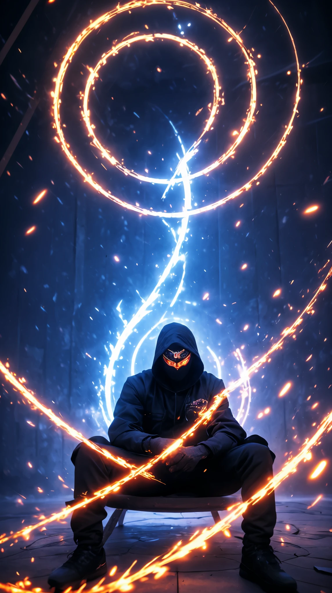 A shadowy character wearing a dark hooded jacket and a face covered by a glowing mask with a terrifying pattern of red eyes and a sinister smile in the form of glowing white stitching.. He is sitting in a relaxed manner in front of a metal fence, with a carefree but intimidating posture. The background is dark with a blue night sky, and the lighting dramatically highlights the shine of his eyes and mouth, while little red sparks float in the air, adding a tense and urban atmosphere. The style is dark and aggressive, with a cyberpunk and vigilante aesthetic, conveying a sense of latent danger.