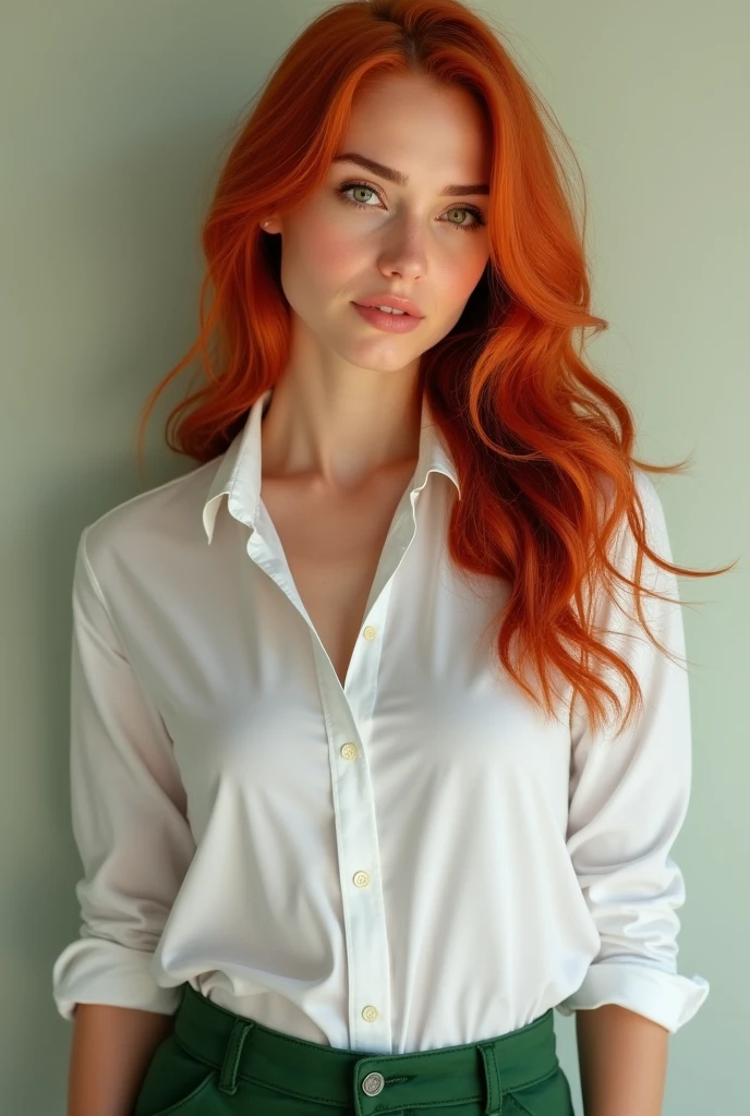 Red-haired woman in a white shirt and green pants
