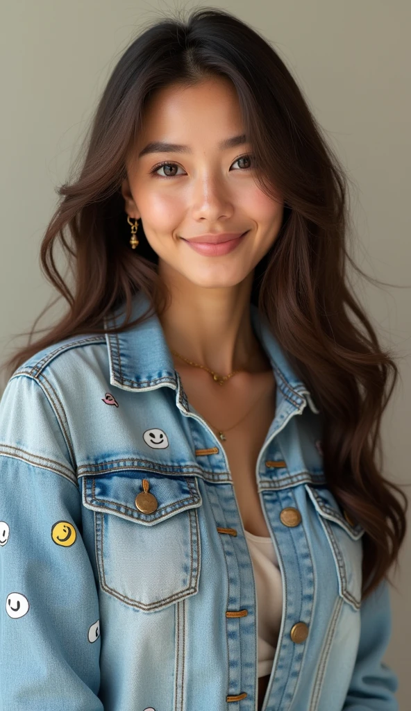 A woman with a heart-shaped face and smooth, fair skin radiates a natural glow. She has almond-shaped, deep brown eyes that exude warmth and kindness, framed by well-defined eyebrows with a gentle arch. Her small, straight nose leads to a soft, slightly rounded tip. Her lips are full and naturally pink, often curved in a subtle, inviting smile. High cheekbones enhance her refined appearance, while soft waves of hair gracefully frame her face, adding to her aura of elegance and warmth. She is dressed in trendy smiley face denim—a light-wash denim jacket and jeans featuring playful smiley face patterns. Her outfit exudes a youthful and cheerful vibe, perfectly complementing her warm and approachable style. Accessories are minimal but tasteful, such as delicate earrings and a simple necklace, adding a touch of elegance to her playful look.