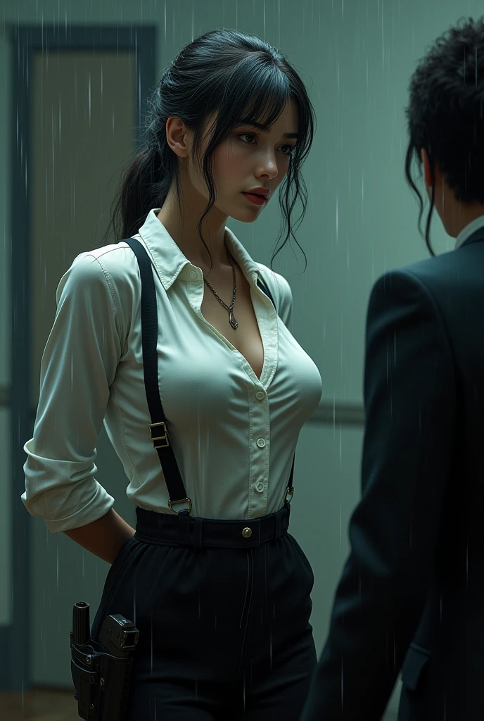 a woman in a suit, belt, hands behind back, sweating, suspenders, black pants, sexly, large breasts, see-through clothing, rain, detective, office worker, white button-up shirt, (best quality,4K,8k,highres,masterpiece:1.2),ultra-detailed,(realistic,photorealistic,photo-realistic:1.37),hyper-detailed,highly detailed face and body, Slender　thin　suspenders　Moderate breasts　See-through shirt　Nipples　holster　chain　Pistol　Armament　criminal　Female criminal　knife　japanese　profile　Japanese women　arrested handcuff
