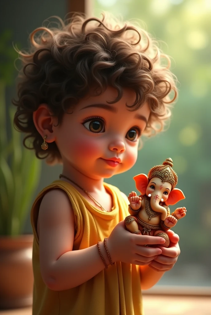 A 3 years boy with curly hair holding ganesh
