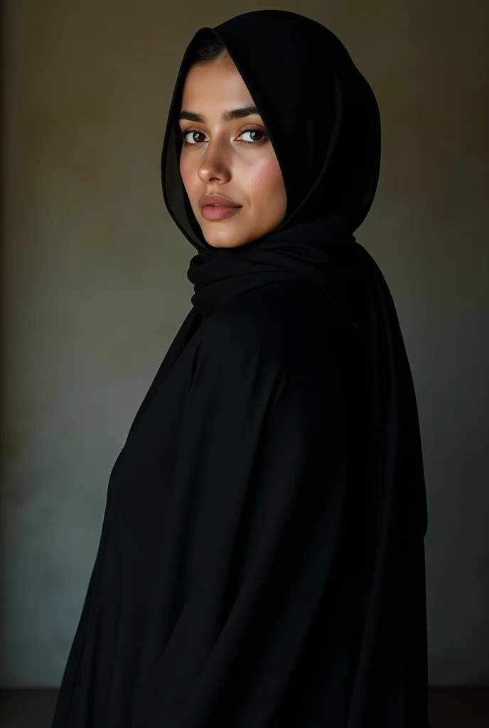 RAW photo, body photo of beautiful .o girl teenjab, cute face, wearing black abaya, slight smile, hard shadows, cinematic shot, dramatic lighting, realistic, curvy, hyper realistic, 8k, real shot, perfect body, pose, body posture, instagram lut, professional camera, professional, photography, super detailed, high detailed, symmetrical face, full lips, flawless skin, detailed face, pakistani, deyes, detailed skin, shadow, sunkissed, little sunlight, full body photo, full body,