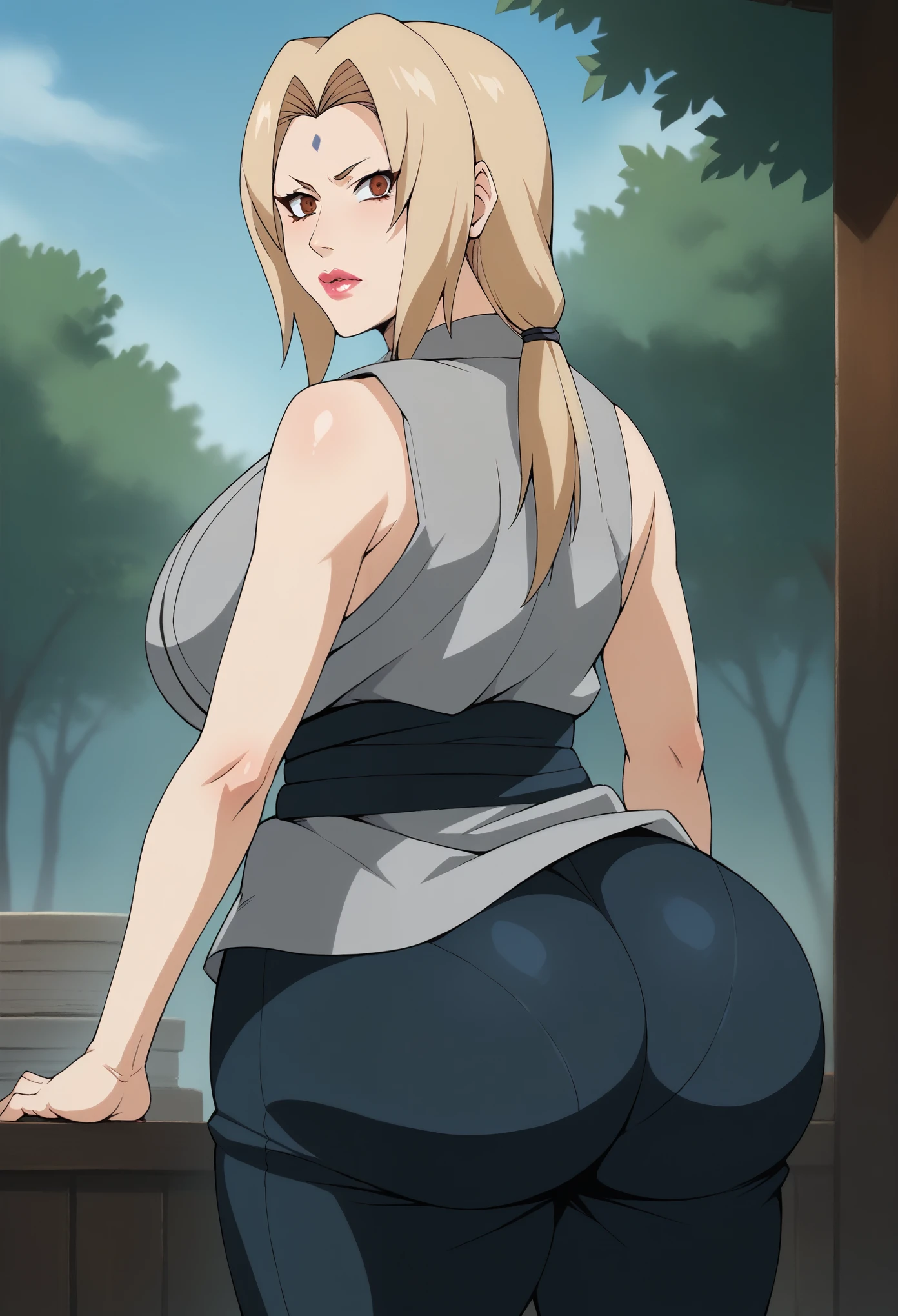 score_9, score_8_up, score_7_up, BREAK, score_9, Lady Tsunade, Tsunade Senju, granny Tsunade, ChopioTsunade, blonde hair, long hair, big lips, plump lips, low twintails, hair tie, brown eyes, forehead mark, pink lipstick, mature female, milf, K-cup size breasts, large breasts, huge butt, red nails, outfit_2, grey kimono, sleeveless kimono, collarbone, blue obi, blue pants, solo, 1girl, looking at viewer, curvy body, thick body, curvy, small waist, b cowboy huge butt, shot, ass, ass covered by her pants, pants slipping slightly down, showing bare buttcrack slichtly, big ass, huge breasts, big breasts, thick thighs, wide hips, from behind, forest