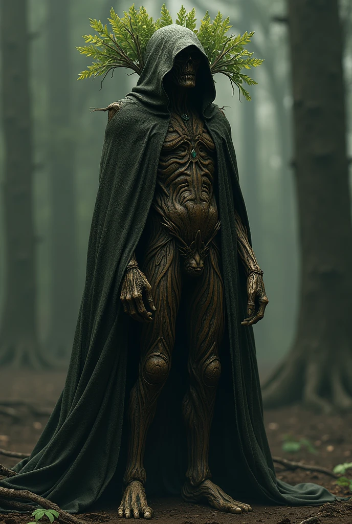 Create A whole body mythical  creature that has this following features
- wearing a long hoodie
- the hoodie cover is like a leaves
- this creature dwells in trees
- an old human like form
- the body is like a wood
- it should be like a character from a dark fantasy
