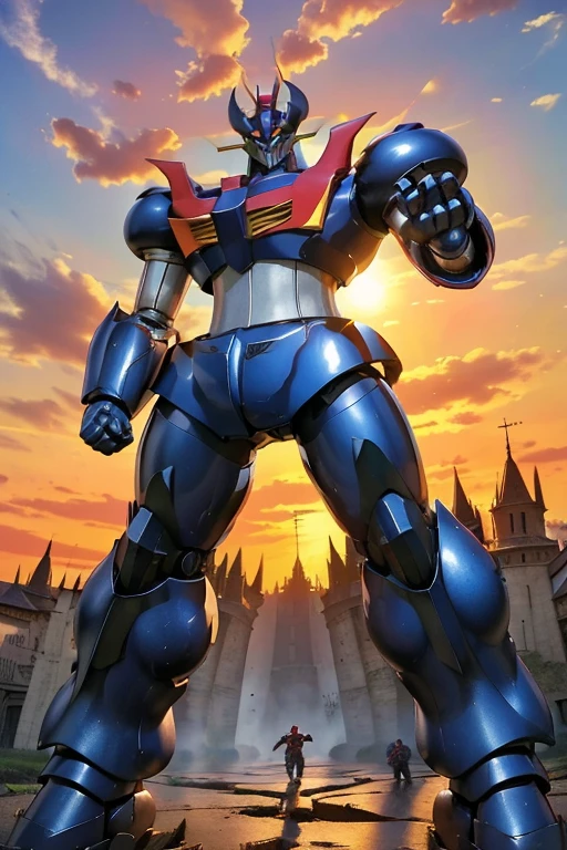 (masterpiece, best quality), high resolution, (8k resolution), (ultra detailed), mazingerz robot destroying burgos city　mazinkizer superrobot upright　