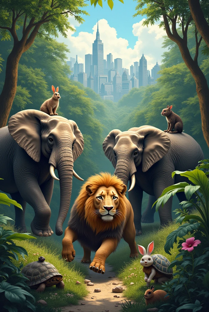 Jungle hai. Hathi, hathi, City, rabbit, kachhua, Everyone together got the lion out of the pit.