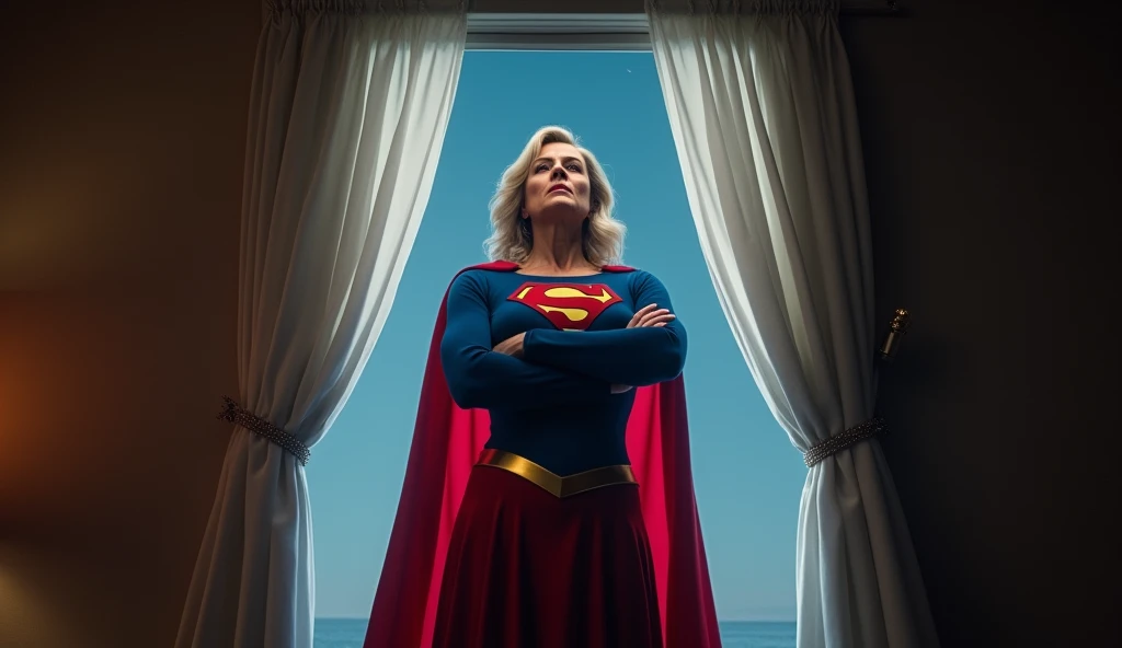 (((very sexy, beautiful and superstrong old Supergirl (((1984s Supergirl movie costume))) old Julie Hagerty))) old Super woman Julie Hagerty, looking up; confident, powerful, indestructible, attractive; big and firm chest; strong breasts;very big breasts;  arms crossed. , floating, at night, outside a window; straight body; view from inside to outside, full body fluttering curtains, night, cinematic lighting, dramatic pose, beautiful detailed eyes, beautiful detailed lips, extremely detailed face and features, elegant, graceful, flowing cape, vibrant colors, hyperrealistic, 8k, high quality, intricate details, photorealistic, masterpiece