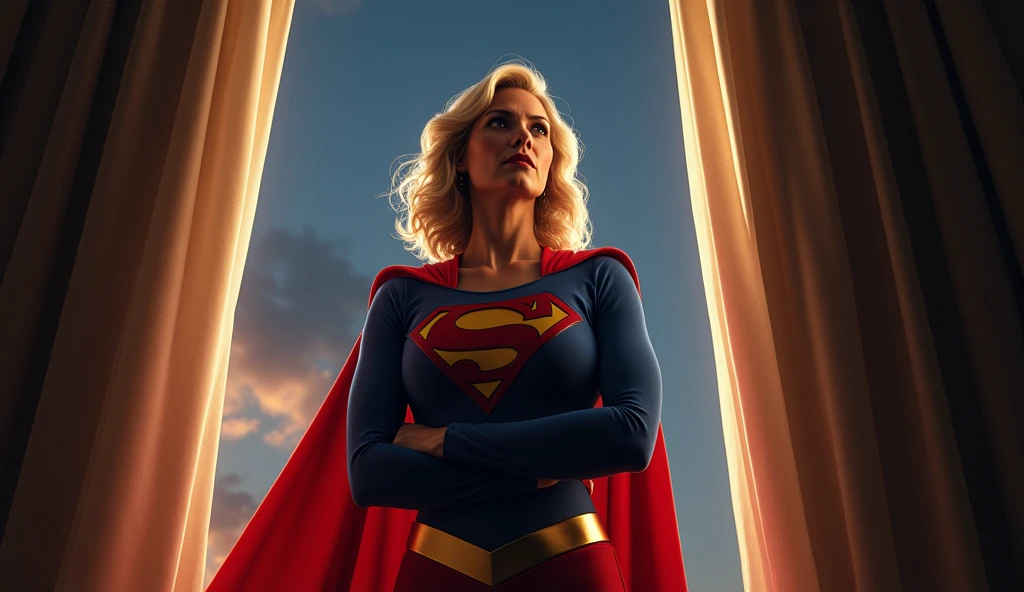 (((very sexy, beautiful and superstrong old Supergirl (((1984s Supergirl movie costume))) old Julie Hagerty))) old Super woman Julie Hagerty, looking up; confident, powerful, indestructible, attractive; big and firm chest; strong breasts;very big breasts; arms crossed. , floating, at night, outside a window; straight body; view from inside to outside, full body fluttering curtains, night, cinematic lighting, dramatic pose, beautiful detailed eyes, beautiful detailed lips, extremely detailed face and features, elegant, graceful, flowing cape, vibrant colors, hyperrealistic, 8k, high quality, intricate details, photorealistic, masterpiece