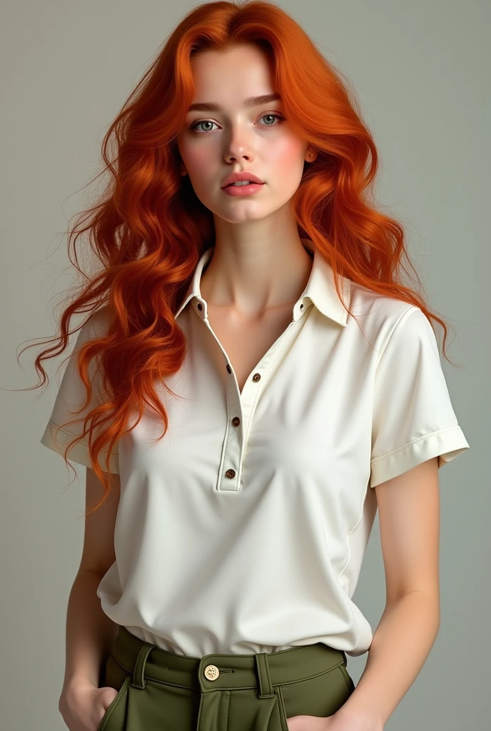 Red-haired woman in white polo shirt and green pants