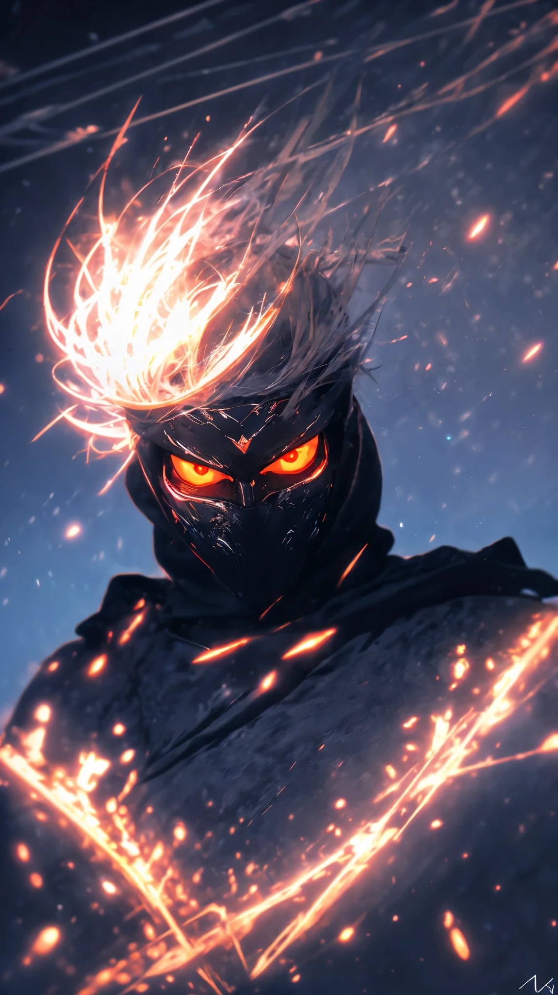 A shadowy character wearing a dark hooded jacket and a face covered by a glowing mask with a terrifying pattern of red eyes and a sinister smile in the form of glowing white stitching.. He is sitting in a relaxed manner in front of a metal fence, with a carefree but intimidating posture. The background is dark with a blue night sky, and the lighting dramatically highlights the shine of his eyes and mouth, while little red sparks float in the air, adding a tense and urban atmosphere. The style is dark and aggressive, with a cyberpunk and vigilante aesthetic, conveying a sense of latent danger.