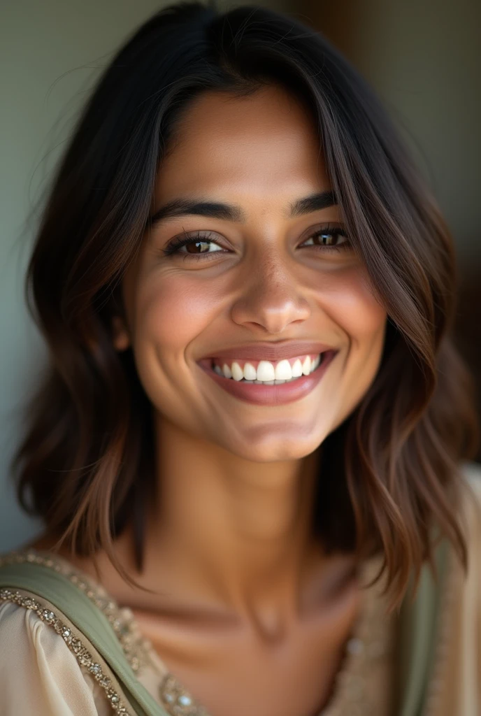 There is a young, Beautiful indian woman, who looks to the future like Katrina Kaif, Smiles into the camera, beautiful teeth, She looks into the camera, a portrait from raw photo, body, conservative modern color dress, ((hair Lob (Long Bob))),