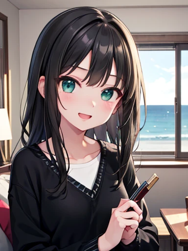 Rin Shibuya、1 girl, Mature Woman, Green Eyes、Long black hair、Casual clothing、Blue sweater、Long trousers、Laugh a lot、Big smile, Highest quality, hire, Detailed face, Coastal、 Living room at home、 Detailed Background, Written boundary depth, Bokeh