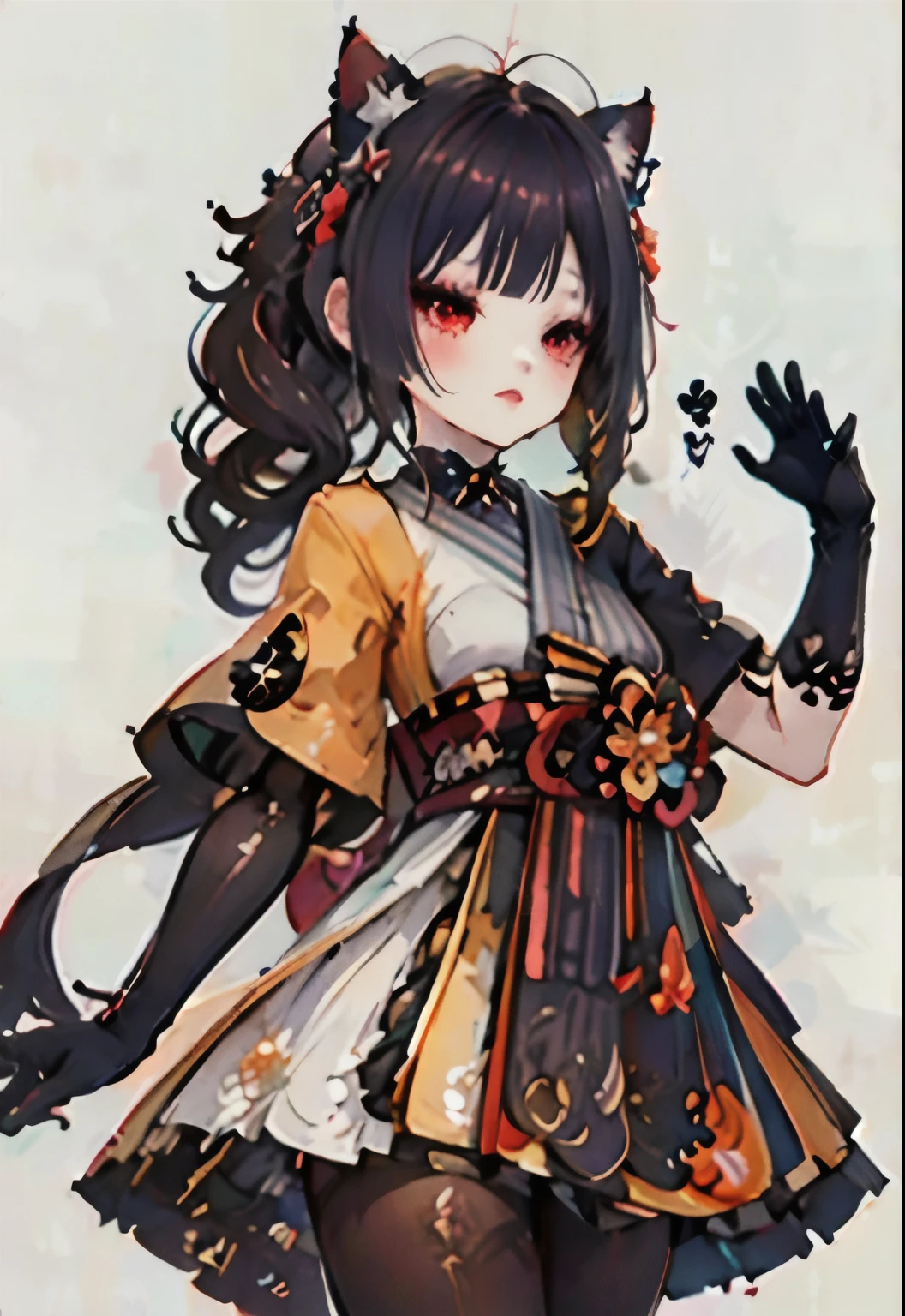 ((masterpiece,Best Quality)), 1 girl, junkotvv style chiori, long black hair, cat ears, red eyes, lace pantyhose, forearm gloves, cowboy shot, simple background,