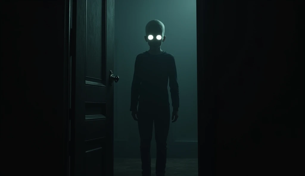 The eerie figure of the missing friend, with completely white eyes, standing in the doorway.