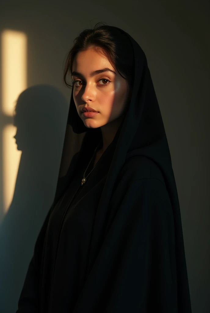 RAW photo, body photo of beautiful  y.o girl teenager, hijab, cute face, wearing black abaya, slight smile, hard shadows, cinematic shot, dramatic lighting, realistic, curvy, hyper realistic, 8k, real shot, perfect body, pose, body posture, instagram lut, professional camera, professional, photography, super detailed, high detailed, symmetrical face, full lips, flawless skin, detailed face, pakistani, detailed eyes, detailed skin, shadow, sunkissed, little sunlight, full body photo, full body,