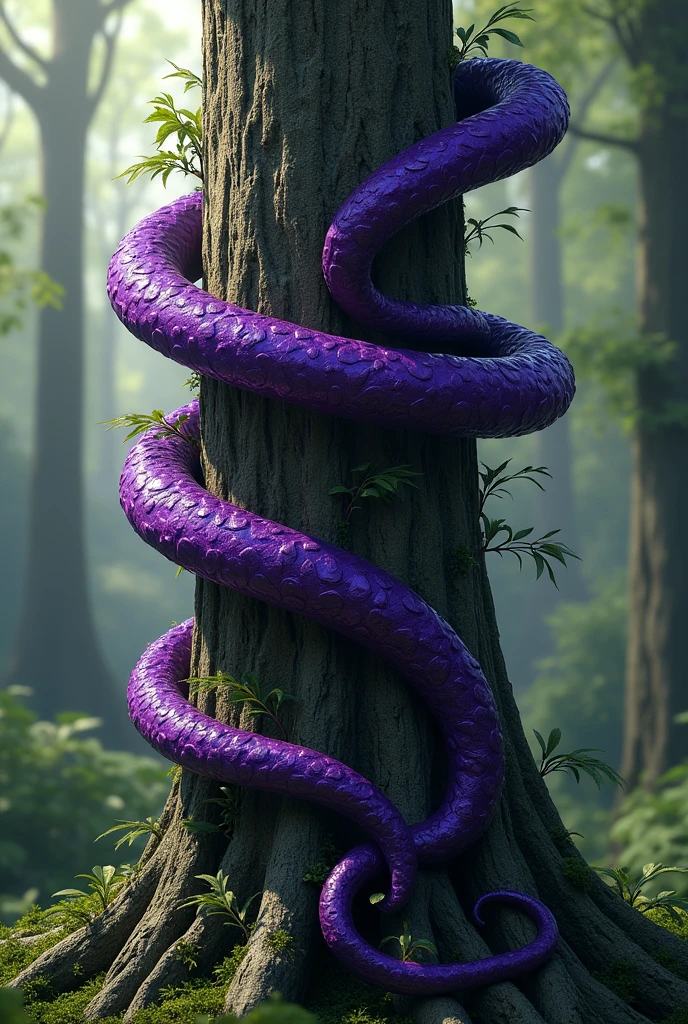 A thin purple liana twines around a tree, and mimics a tree