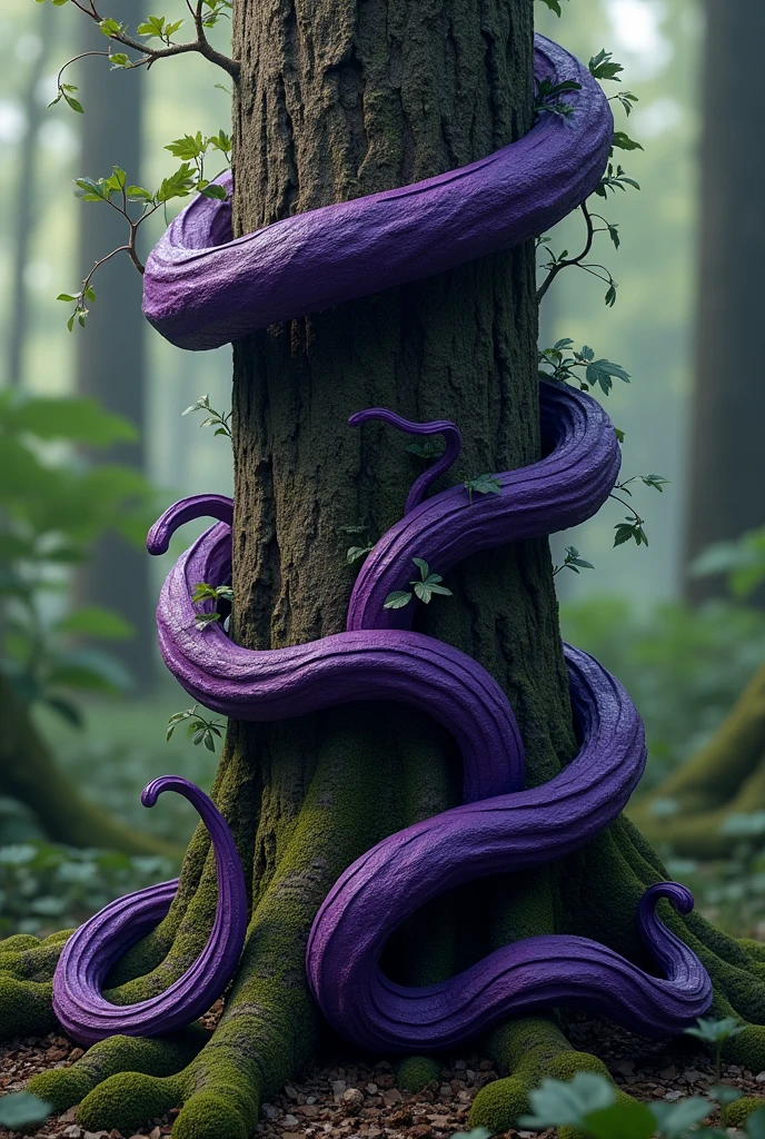 A thin purple liana twines around a tree, and mimics a tree