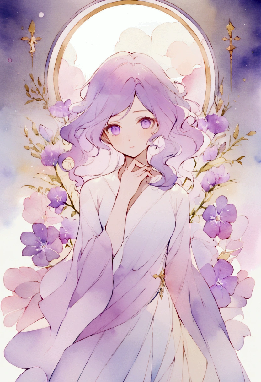 Create a hand-drawn manga-style illustration, using watercolor techniques. The image must show a young woman with delicate features, skin fair, wavy hair in soft lilac tones, with an ethereal and tranquil look. Your large, expressive eyes should be blue and convey a sense of calm and mystery..The central figure should be surrounded by large, vibrant flowers in shades of purple and lilac., drawn with precise and smooth details, as if they were blooming around her. Flowers should have thin, textured petals, painted in watercolor, creating smooth color transitions and light effects.The background of the illustration should be simple and minimalist., with light touches of gold in frames or decorative details, to add elegance. Use a predominantly cool color palette, with nuances of purple, blue and touches of white, allowing the paper to show through in some areas to maintain the light, airy look of the watercolor.Art must have a handmade style, with thin, smooth hand-drawn lines, highlighting the unique and personal character of the design. The composition should have a balance between intricate details in the flowers and the softness of the central figure., creating a delicate and dreamlike atmosphere.