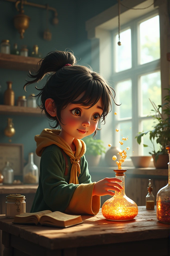 A town young big girl with specs and tied hair in a ponytail wearing white tshirt and mini skirt. She place the jar filled with water on her windowsill where it would get plenty of sunlight.