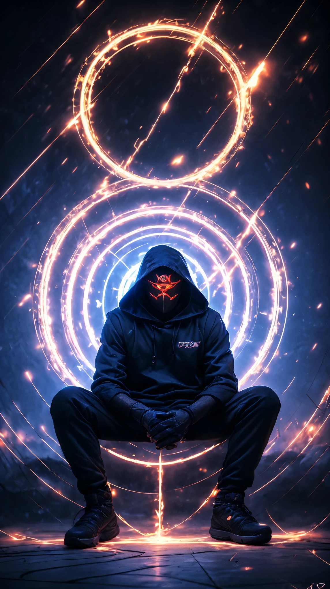 A shadowy character wearing a dark hooded jacket and a face covered by a glowing mask with a terrifying pattern of red eyes and a sinister smile in the form of glowing white stitching.. He is sitting in a relaxed manner in front of a metal fence, with a carefree but intimidating posture. The background is dark with a blue night sky, and the lighting dramatically highlights the shine of his eyes and mouth, while little red sparks float in the air, adding a tense and urban atmosphere. The style is dark and aggressive, with a cyberpunk and vigilante aesthetic, conveying a sense of latent danger.