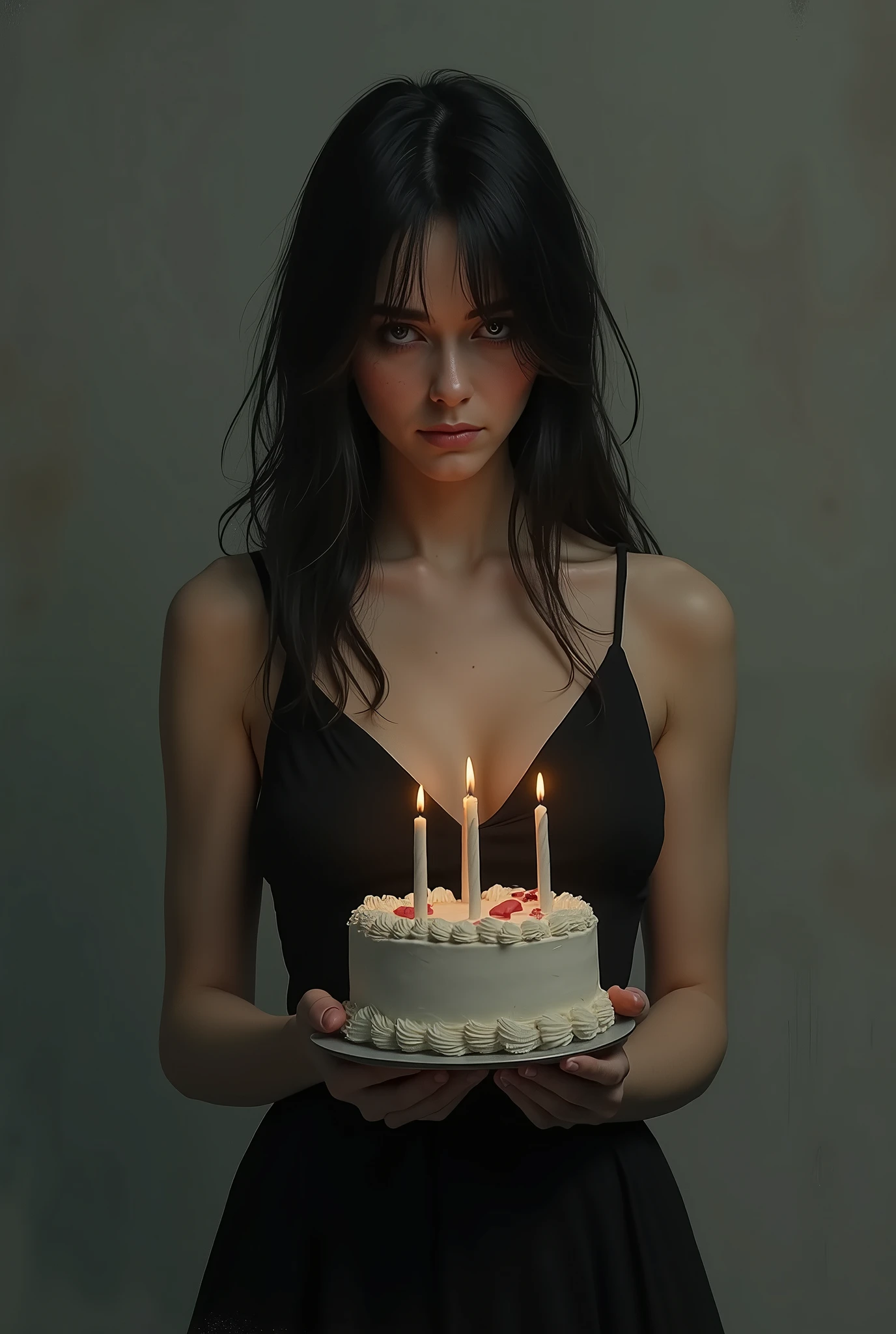 The women face full of sadness and his waring a black dress and his holding a birthday cake