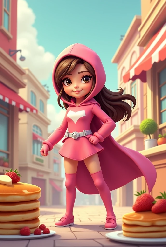 hero realistic 
hero of crepe 
in pink
for business “crepe cafe”
cartoon, human crepe is an important part pancakes should be everywhere the hero must save pancakes the human is a hero the hero is a girl with brown hair 