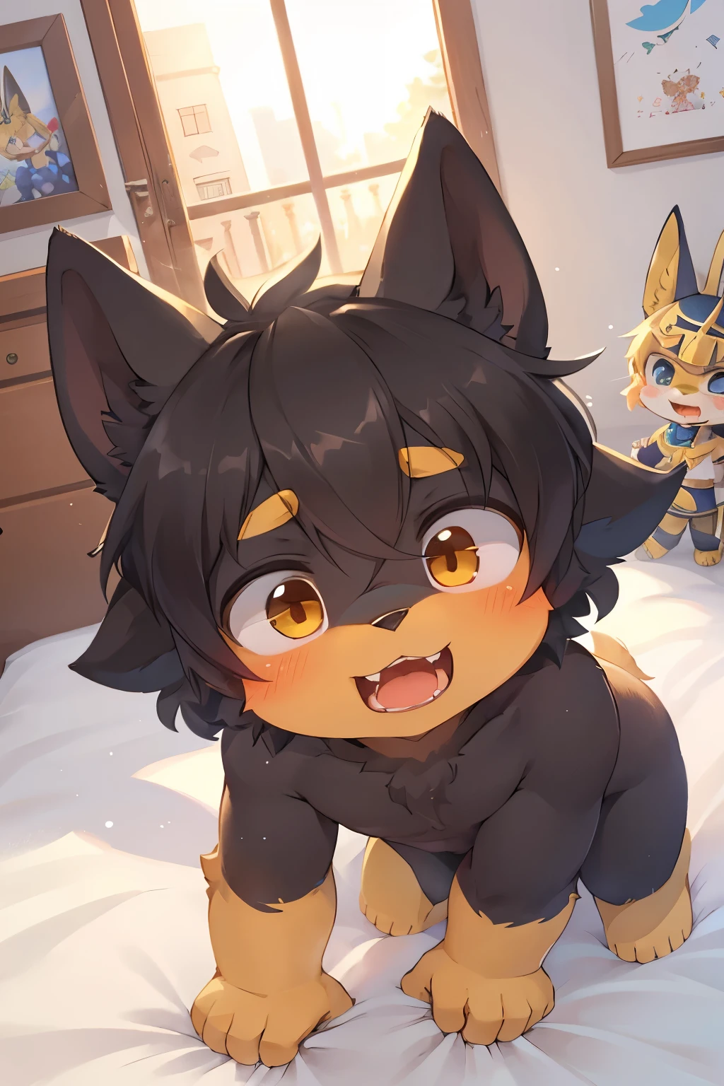  (epic, dynamic angle)top quality, best quality, High-quality , (Kemoshota) ( boy, furry anthro), kemoshota, anubis boy,  dog boy, black fur, short statue, innocent, naivety, looking at viewer, Egypt adorns, dynamic angle, from birds point of view, short height, young boy, open mouth, friendly monster anubis boy, affected, relaxed, lovely boy, bed room, very young furry boy, 6years old kemoshota boy, adorable, kawaii, naked, dynamic close-up