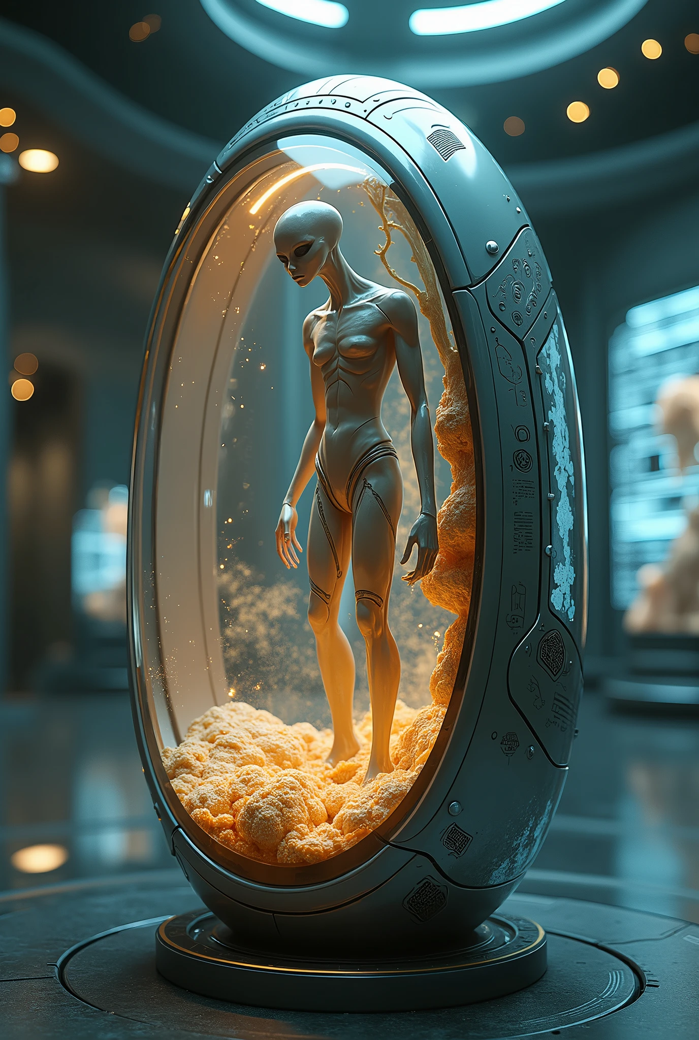 Futuristic embryonic capsule with (alien inside).humans,person,