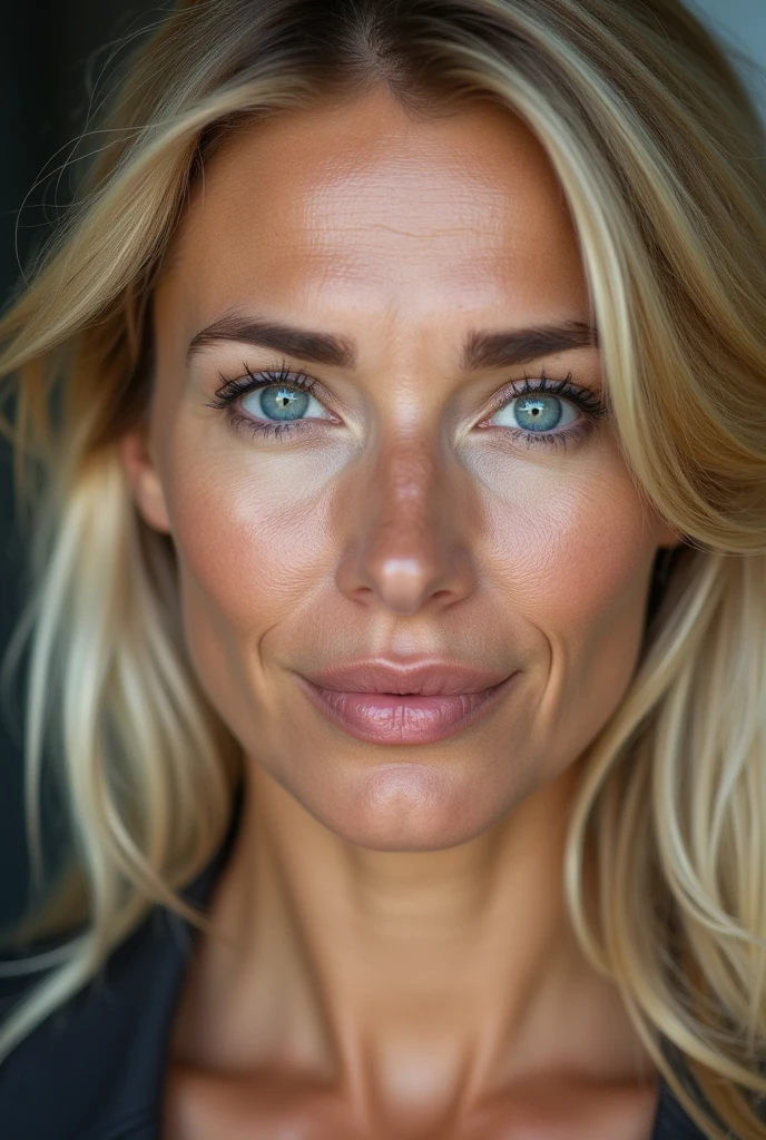 Gros plan de face du visage d'une fille blonde de 40 ans. Photo identitée. Visage arrondie. On voit ses pores, elle n'est pas maquillée, son visage a des imperfections, quelques petites rides. Elle a des tâches, elle a des yeux bleus. Son regard est séducteur.