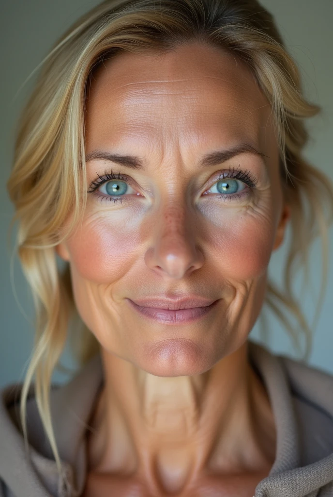 Gros plan de face du visage d'une fille blonde de 40 ans. Photo identitée. Visage arrondie. On voit ses pores, elle n'est pas maquillée, son visage a des imperfections, quelques petites rides. Elle a des tâches, elle a des yeux bleus. Son regard est séducteur.
