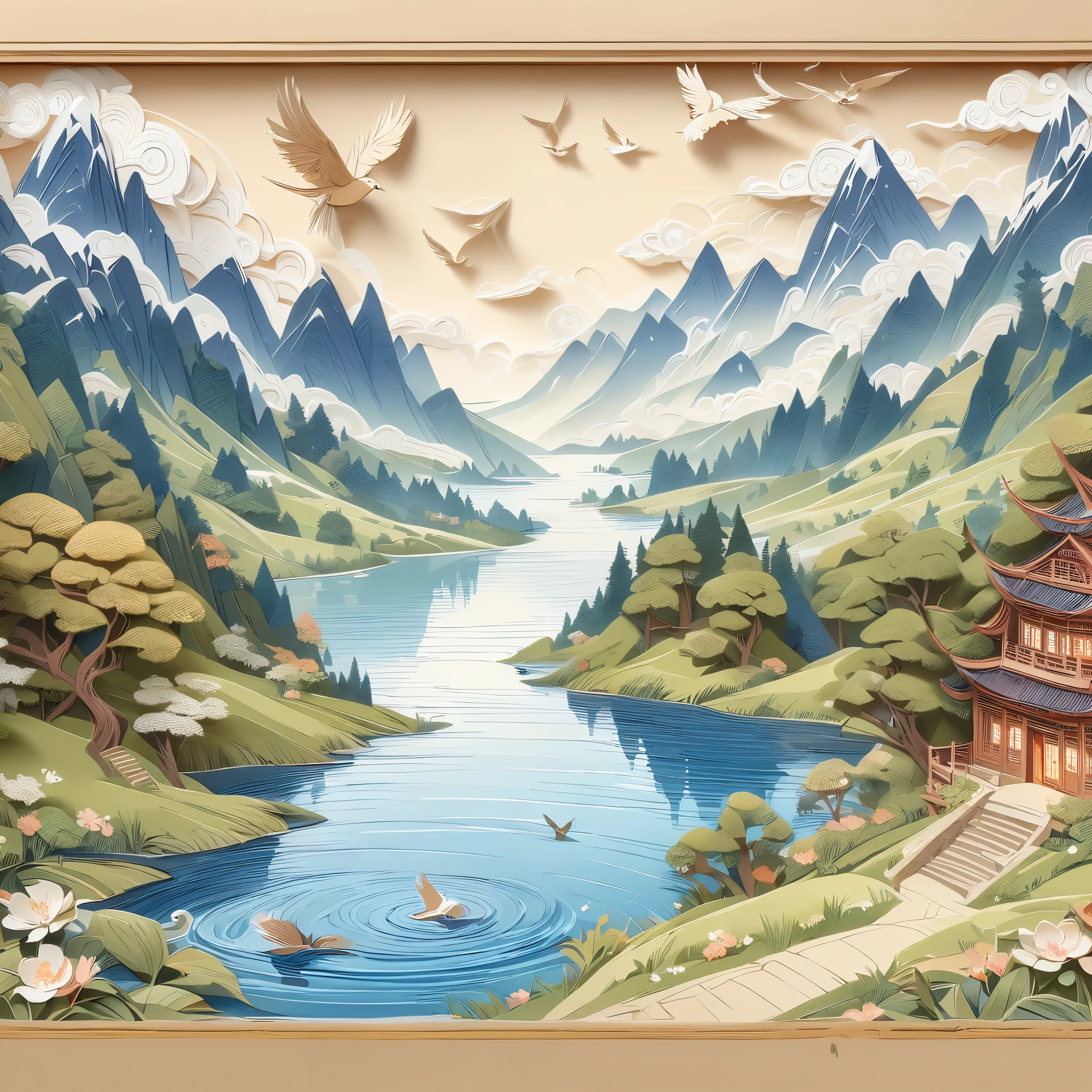 (masterpiece, best quality:1.2), Embossed paper, Solitary，Paintings of mountain lakes，A castle in the background，The foreground is trees，A bird flies on the water