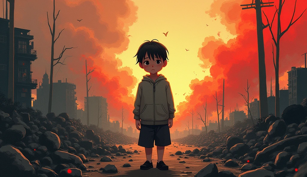 child with sad look in the middle of the destruction of hiroshima, swirly vibrant colors,