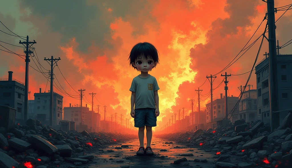 child with sad look in the middle of the destruction of hiroshima, swirly vibrant colors,