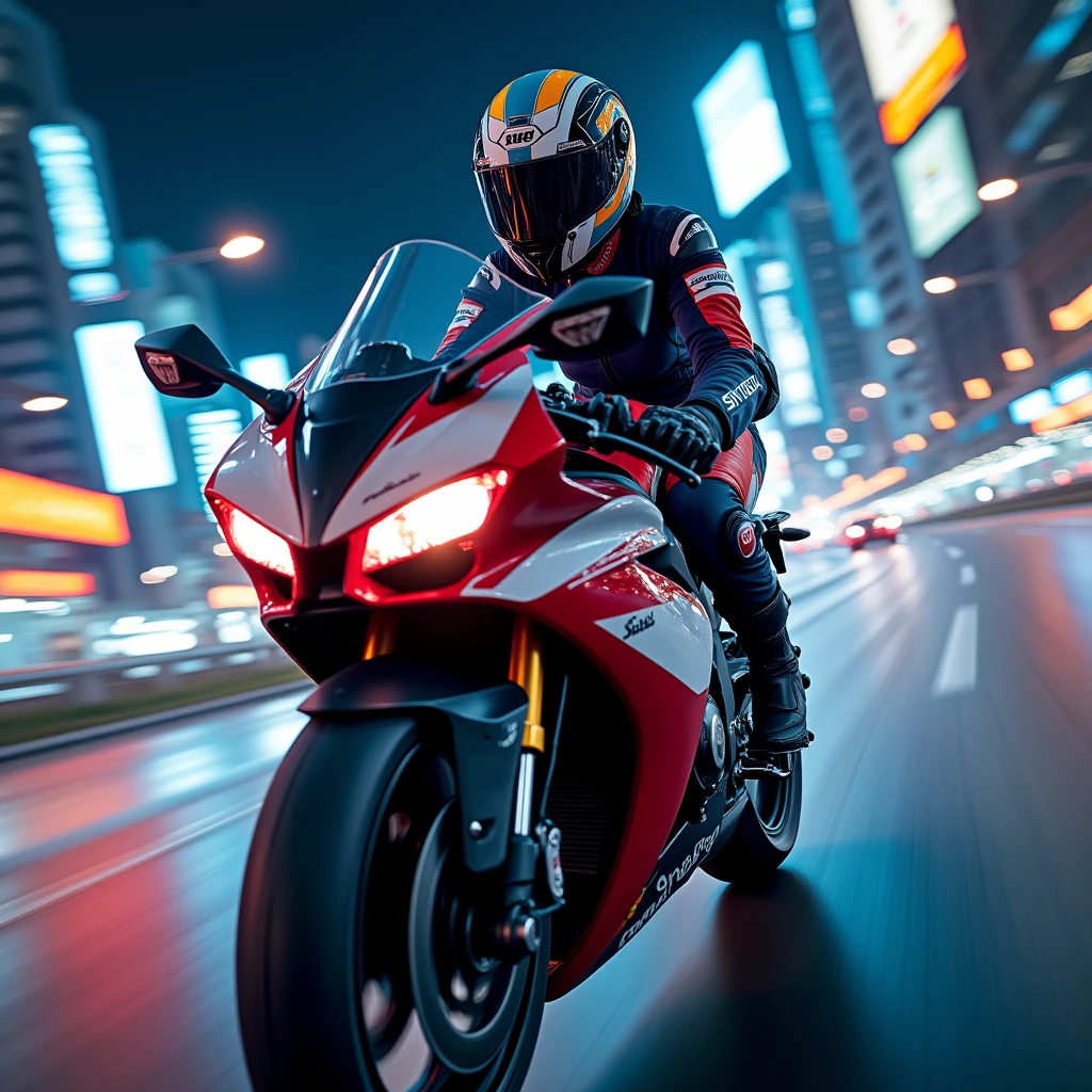 beautiful Japanese girl, Riding on a super cool sport motorcycle, at highway in metropolitan at night, high speed, dramatic scene, masterpiece, face focus, clear helmet visor, beautiful eyes, Honda bike, Shoei helmet, professional racer's outfits, Adios gesture, shoot from sideHyperdetailed, Motion Blur,