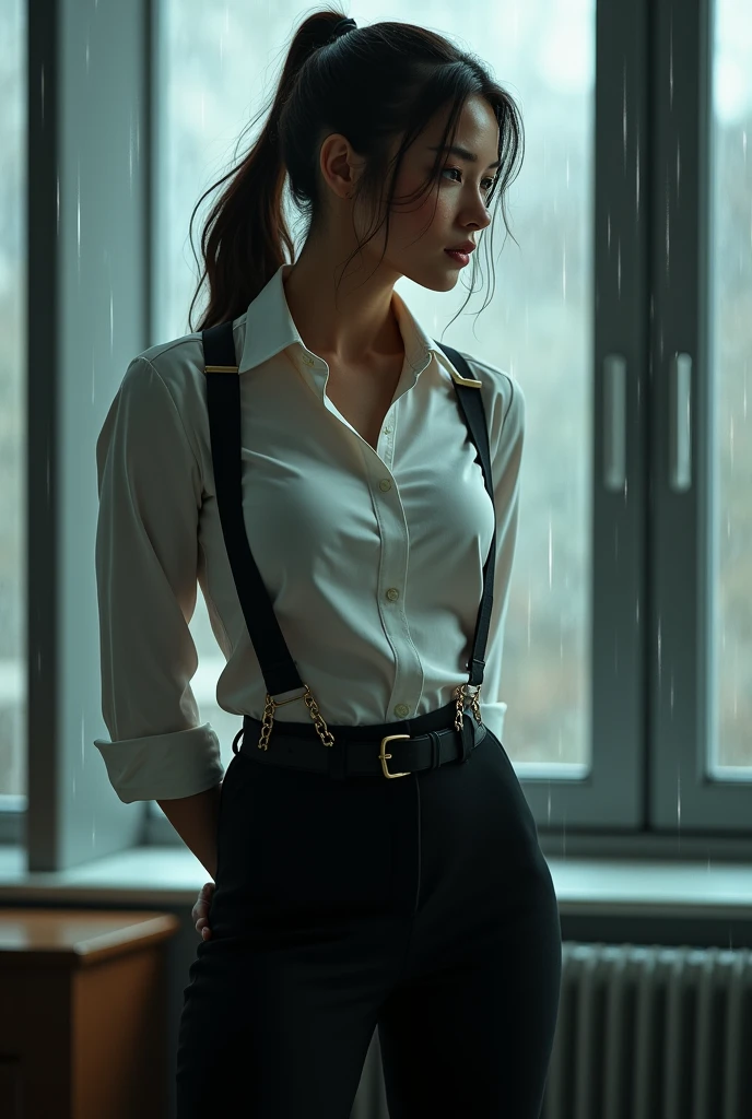 a woman in a suit, belt, hands behind back, sweating, suspenders, black pants, sexly, large breasts, see-through clothing, rain, detective, office worker, white button-up shirt, (best quality,4K,8k,highres,masterpiece:1.2),ultra-detailed,(realistic,photorealistic,photo-realistic:1.37),hyper-detailed,highly detailed face and body, Slender　thin　suspenders　Moderate breasts　See-through shirt　Nipples　holster　chain　Pistol　Armament　criminal　Female criminal　knife　japanese　profile　Japanese women　arrested handcuff　belt
