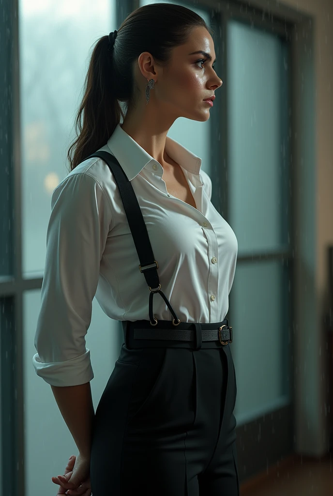 a woman in a suit, belt, hands behind back, sweating, suspenders, black pants, sexly, large breasts, see-through clothing, rain, detective, office worker, white button-up shirt, (best quality,4K,8k,highres,masterpiece:1.2),ultra-detailed,(realistic,photorealistic,photo-realistic:1.37),hyper-detailed,highly detailed face and body, Slender thin suspenders Moderate breasts See-through shirt Nipples holster chain Pistol Armament criminal Female criminal knife japanese profile Japanese women arrested handcuff belt