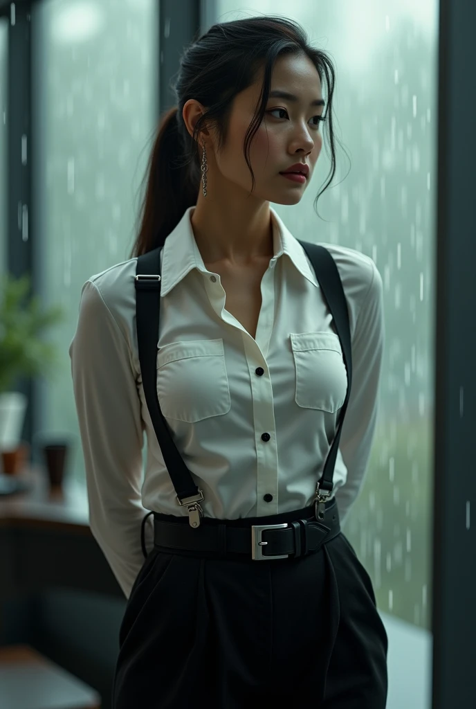 a woman in a suit, belt, hands behind back, sweating, suspenders, black pants, sexly, large breasts, see-through clothing, rain, detective, office worker, white button-up shirt, (best quality,4K,8k,highres,masterpiece:1.2),ultra-detailed,(realistic,photorealistic,photo-realistic:1.37),hyper-detailed,highly detailed face and body, Slender thin suspenders Moderate breasts See-through shirt Nipples holster chain Pistol Armament criminal Female criminal knife japanese profile Japanese women arrested handcuff belt
