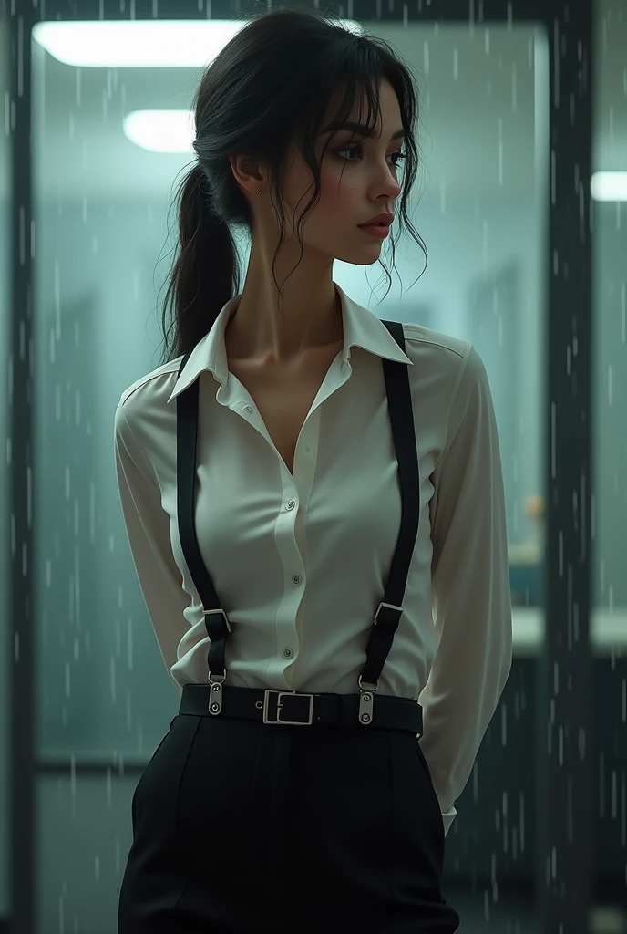 a woman in a suit, belt, hands behind back, sweating, suspenders, black pants, sexly, large breasts, see-through clothing, rain, detective, office worker, white button-up shirt, (best quality,4K,8k,highres,masterpiece:1.2),ultra-detailed,(realistic,photorealistic,photo-realistic:1.37),hyper-detailed,highly detailed face and body, Slender　thin　suspenders　Moderate breasts　See-through shirt　Nipples　holster　chain　Pistol　Armament　criminal　Female criminal　knife　japanese　profile　Japanese women　arrested handcuff　belt
