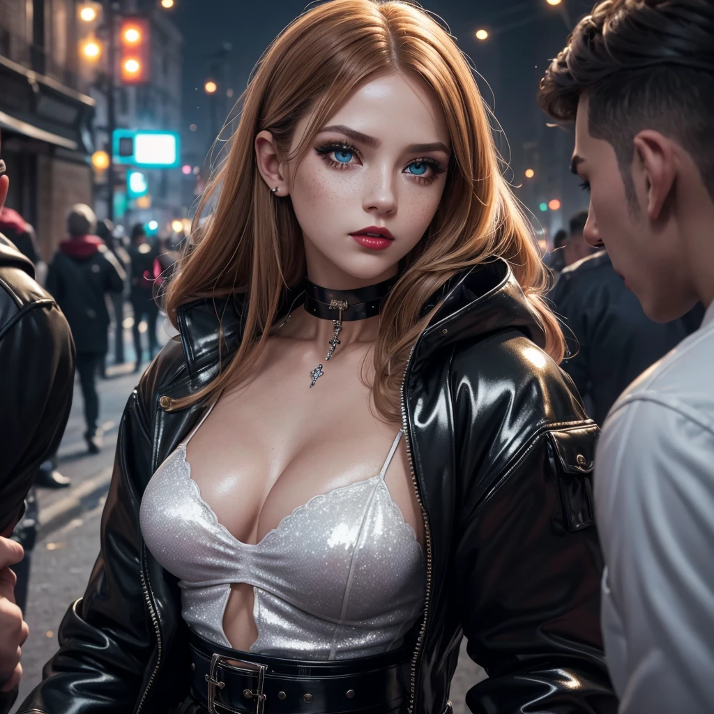 cute girl among men, cute woman with guys, girl with fellas, in a shiny black puffy jacket, face slumbering, cute eyes, mouth agape, Face weary, Face of suffering, Face of heaven, slumbering face, battling men, surrounded by men, caught among men, being approached by men, Hair pulled forcefully, my head is grabbed, Masterpiece, beautiful girl, delicate eyes, Swollen eyes, Of the highest quality, Super high resolution (reality: 1.4), movie lighting, Super beautiful, beautiful skin, (超realistic), (High resolution), (8k), (Very detailed), (beautiful and delicate eyes), (super detailed), detailed face, inclined bangs, reddish-blond hair, 2, in an alley. porcelain white skin sprinkled with freckles, big expressive large green eyes with long lashes, heavily made up with eyeliner and blue eyeshadow with glitter, slim figure, skinny, red lips, shiny red lips, a beautiful and sensual face, goth choker, vinil black jacket, paired with a red sateen mini skirt with black shiny belt, high shiny boots. motherly face, cute face, a lot glitter, glitter clothes, shiny clothes, night, hard made up, a lot made up, hard make up, goth make up, lots of cum on her clothes, cum on her face, prostitute