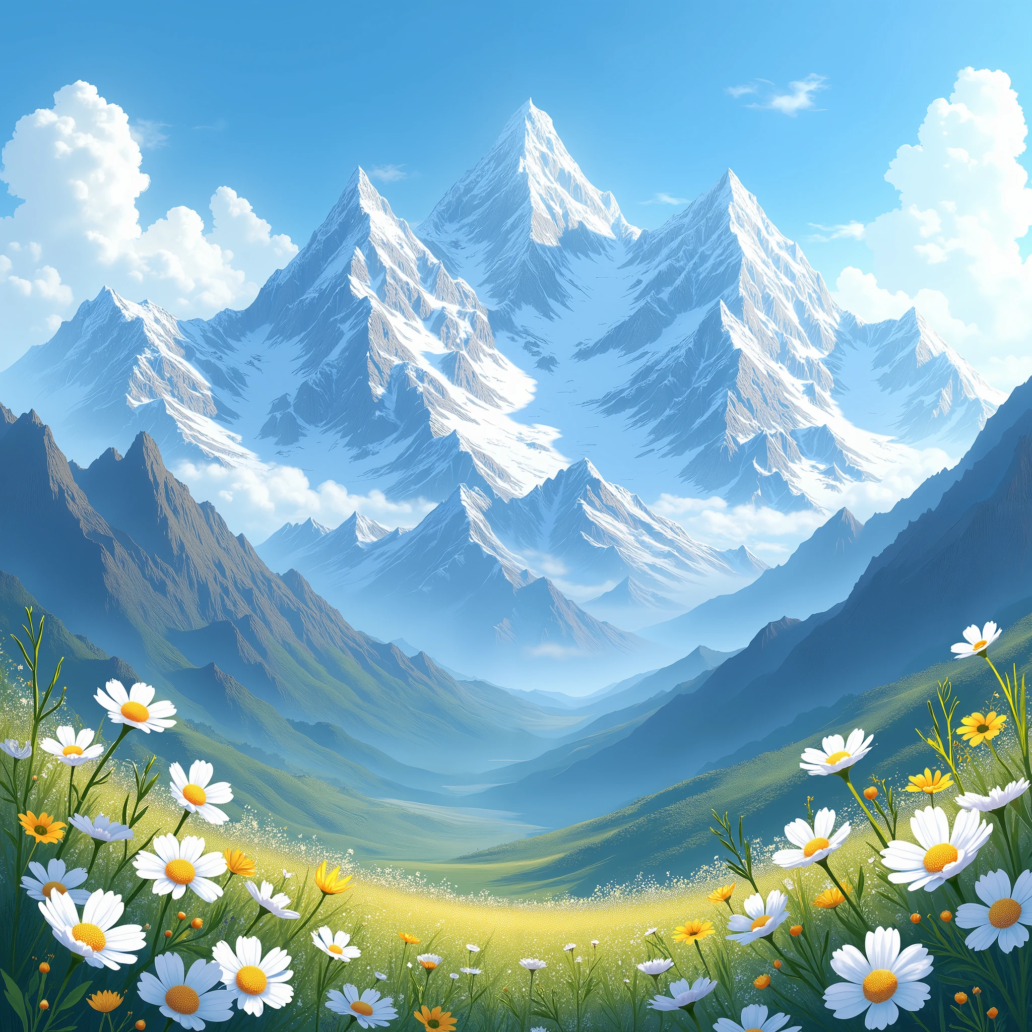 Create a hyper realistic breathtaking landscape illustration featuring majestic mountains as the central focus, with snow-capped peaks towering in the background. In the foreground, vibrant flowers bloom in vivid colors, their delicate petals contrasting beautifully against the rugged terrain. The bright blue sky overhead is clear and expansive, with soft clouds lazily drifting by, enhancing the serene atmosphere.

The mountains should be rendered with meticulous detail, capturing their grandeur and epic scale, while the snow on their peaks glistens under the sunlight. The scene evokes a sense of awe and wonder, with the natural beauty of the mountains and the delicate white flowers creating a harmonious balance. The overall composition should be highly detailed, with a focus on the textures of the rocky mountains, the softness of the White and yellow flowers, and the crispness of the snowy peaks.

Incorporate elements of anime-inspired art, emphasizing the vibrant colors and the intricate details of the landscape. The illustration should have an 8k resolution, ensuring the highest quality and clarity, making it perfect for use as a stunning wallpaper or as part of a detailed nature-themed series