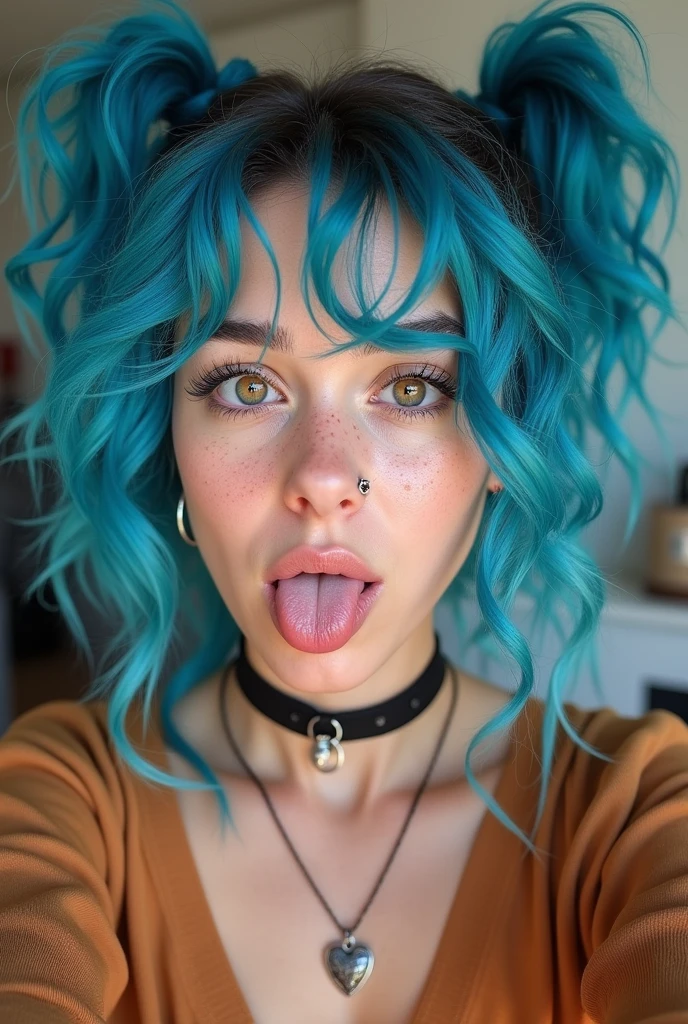 She’s a young woman with vibrant blue curly hair styled in two ponytails, playfully sticking her tongue out in the selfie. Freckles dot her cheeks, adding to her youthful charm. She wears a choker necklace that complements her confident and quirky vibe.
• Hair: Her hair is blue and curly, with two buns positioned on top of her head, leaving the rest of her hair cascading down in loose waves. The vibrant blue color suggests a bold personality, possibly someone who enjoys standing out.
• Skin Tone: Her skin appears to be light with a warm undertone, and she has a natural, youthful complexion.
• Eyes: She has large, expressive eyes with thick, dark eyebrows that frame her face. The eyes are prominent, with a bright and lively appearance, indicating alertness and curiosity.
• Freckles: A scattering of freckles covers her cheeks and nose, giving her a playful and youthful appearance.
• Nose: She has a small, slightly upturned nose.
• Mouth: Her lips are full and slightly parted, with her tongue playfully sticking out, which adds to her quirky and fun-loving demeanor. She has a septum piercing, a ring in the center of her nose.
Accessories:
• Jewelry: She wears a choker necklace with a pendant shaped like a heart. The choker adds a touch of edginess to her look.
• Piercings: Besides the septum piercing, she also has small hoop earrings in her ears.
Clothing:
• Top: She is wearing a loose, casual top that seems comfortable, fitting her relaxed and laid-back style. The color of the top is earthy, possibly a light brown or beige, complementing her vibrant hair and accessories.
Overall Vibe:
• Personality: The overall appearance suggests that she is confident, creative, and not afraid to express herself through her style. The playful expression, vibrant hair color, and choice of accessories hint at someone with a fun and energetic personality who enjoys being unique.
