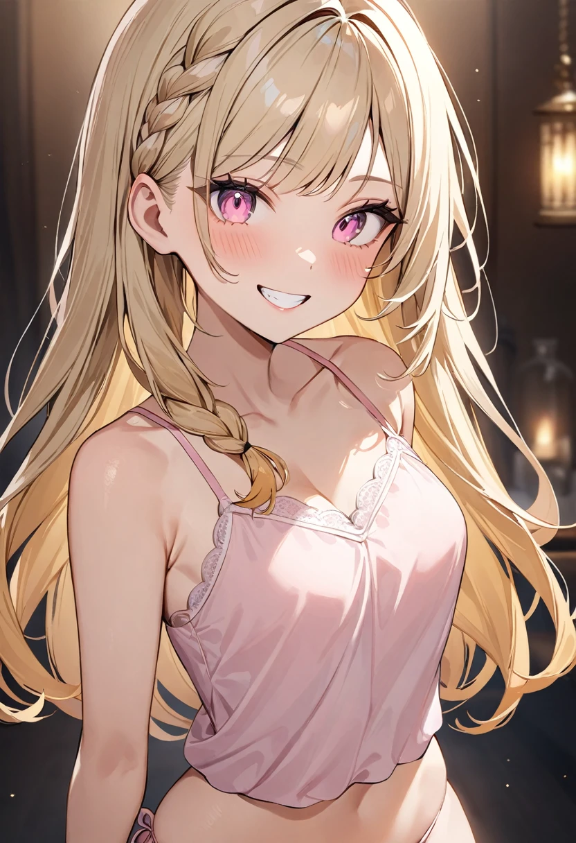 (masterpiece, top quality, very aesthetic, 4k、illustration), ()、intricate detail, 1woman,solo,contrapposto 、(gradient eyes、tareme)、middle hair、parted bangs,Fair skin,(cowboy shot)、beautiful women、、(breasts squeezed together)、(gradient camisole、side-tie panties),grin、(gradient hair)、(braid light blonde hair)、sidelock ,pink eyes、small breasts、slender 、