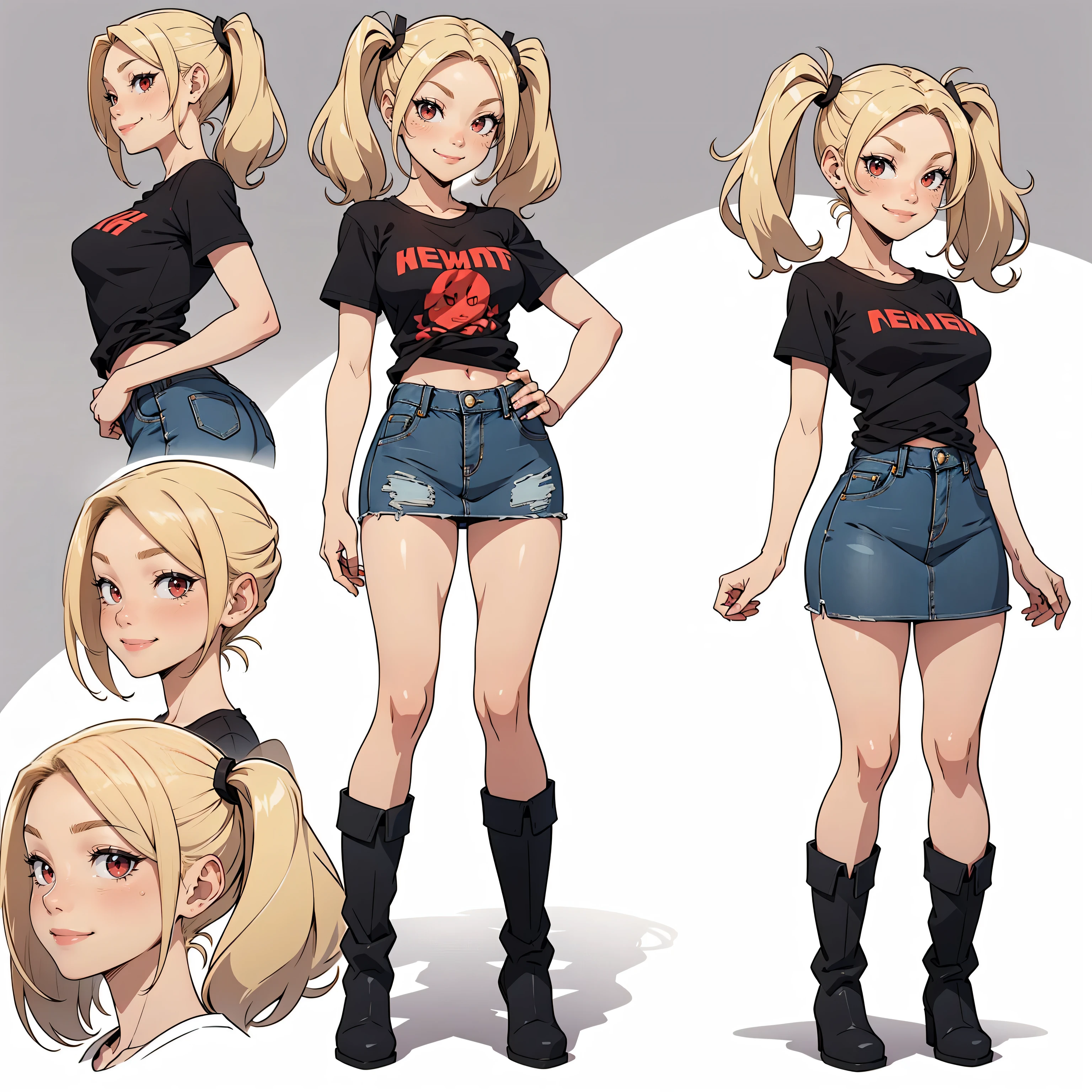 Very detailed, smiling facial expression, medium breasts, full body view, blonde hair with twintails, red eyes, small breasts, looking at viewer, wearing grey t-shirt, denim skirt, black boots, cute pose.