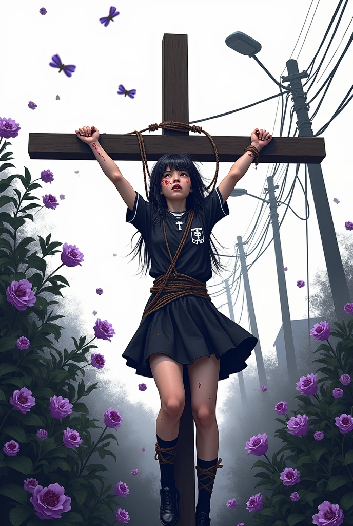 A girl with long dark hair tied to an inverted cross, with hands and legs tied with thick ropes. The girl, dressed in a dark school uniform with inverted religious symbols on her clothes, He has blood marks on his arms and face, with an expression of ecstasy or suffering looking towards the sky. Around it, There is dense vegetation and light poles with electric cables, giving a contrast between nature and the urban environment. Violet and pink flowers add a dramatic and sinister touch to the scene., while the bright lighting and white background highlight the cruelty and dark symbolism of the situation. The style is detailed and graphic., with a strong emotional and visual charge of sacrifice and desperation