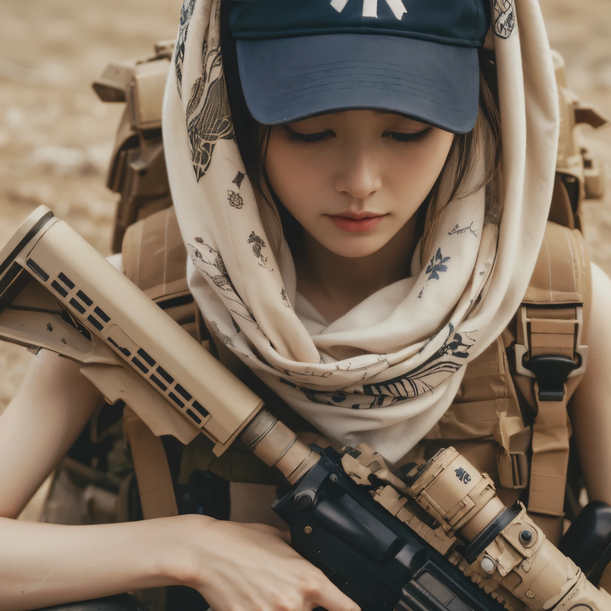 8K,realistic photo、realistic skin texture、Japanese women in the U.S. military、desert、Standing in front of a military vehicle、Afghan Stole、carrying an automatic rifle、muscle、Tattoo、Navy Cap