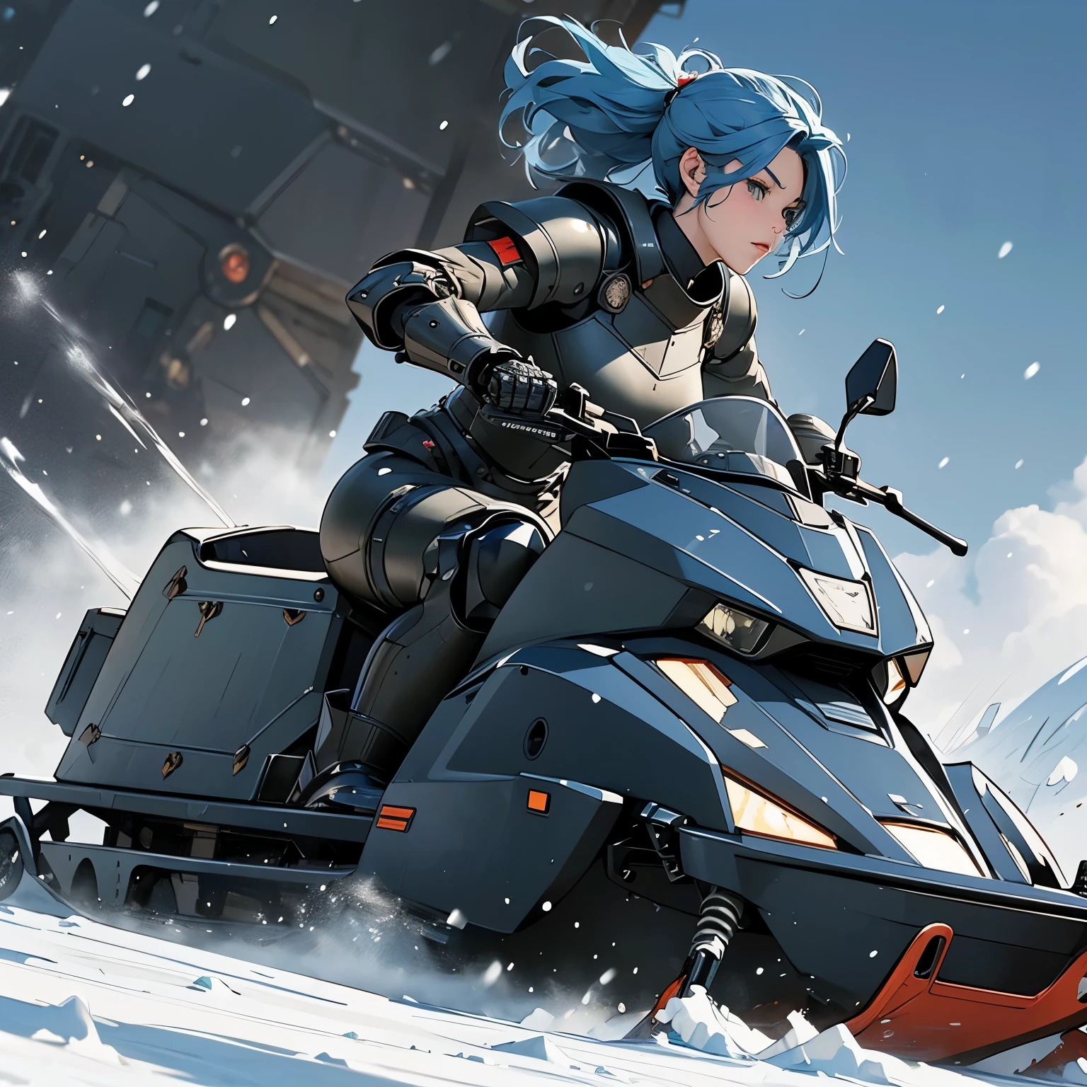 nsfw, anime screencap, 16K, perfect anatomy proportion body, perfect hands, action, A dynamic composition with a sense of speed and movement, (open cockpit, Ride a heavily armored steam-powered military snowmobile:1.6), a wife, 40age, perfect beautiful delicate sexy face, perfect beautiful delicate drooping eyes, blue hair, updo, large breasts, abs, abs, Camouflage-colored heavy armored steam engine full armor powered suit, Many heavily armored robot soldiers are engaged in a firefight in the background., Flying bullets, Snowy Battlefield, war, Post-apocalyptic,