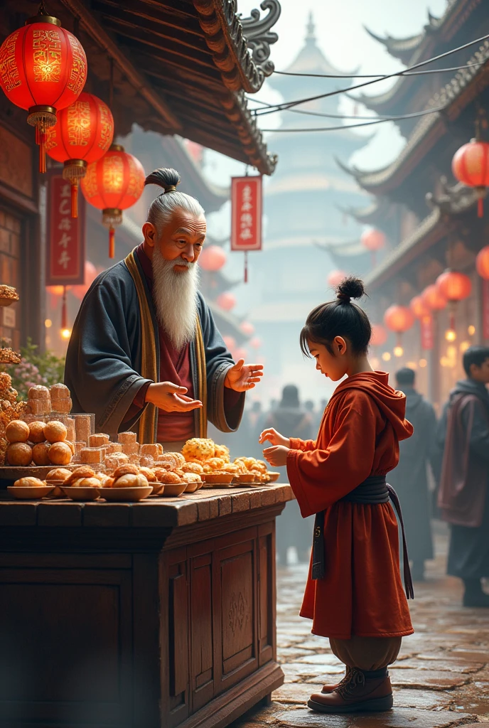 Fantasy world, the owner of a steamed bun shop, an ancient Chinese man selling things in a market, and a young warrior boy.